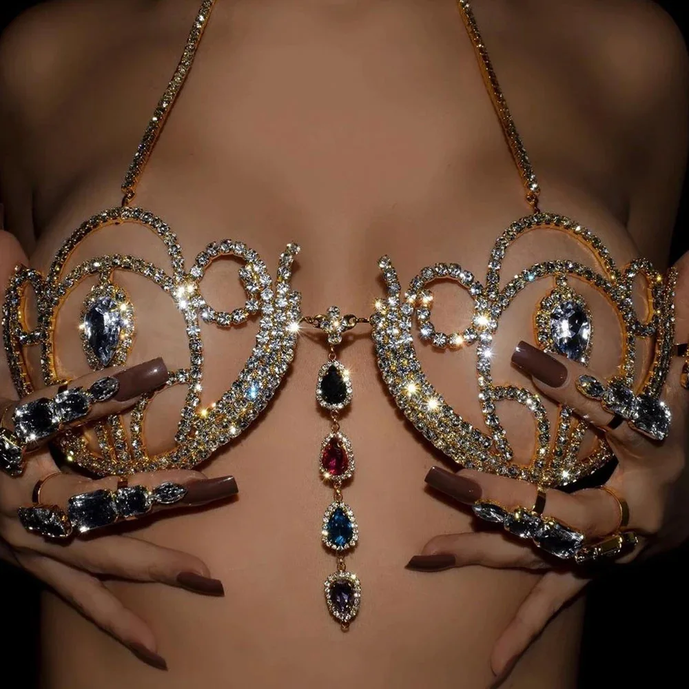 Women'S Fashion Harness - Luxury Rhinestone Bikini Bra Geometric Water