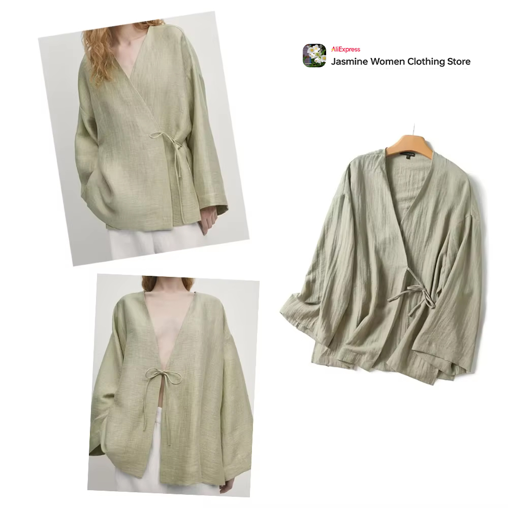 Kimono Cardigan Women - Comfy Olive Blouse with Ties Long