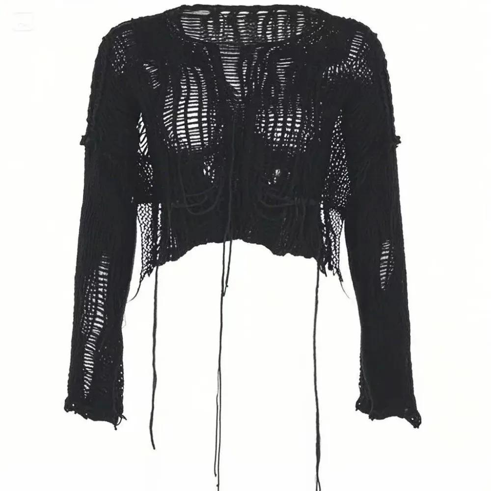 Women'S Fashion Knitwear - Cropped Hole Sweater Sexy Gyaru Hollow