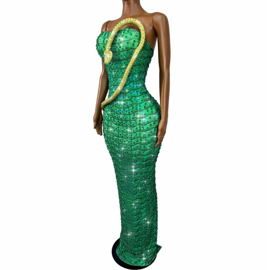 Sparkly Green Rhinestones Snak - Women Fashion Designer Dresses Photos review and price